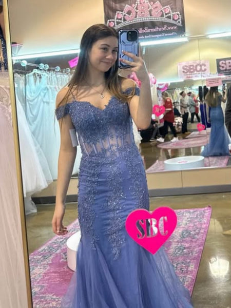 Elegant Off Shoulder Mermaid Blue Lace Long Prom Dresses, Mermaid Blue Formal Dresses, Blue Lace Evening Dresses SP3088