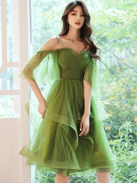Elegant Off the Shoulder Green Short Prom Dresses, Short Green Homecoming Dresses, Off Shoulder Formal Evening Dresses SP2708