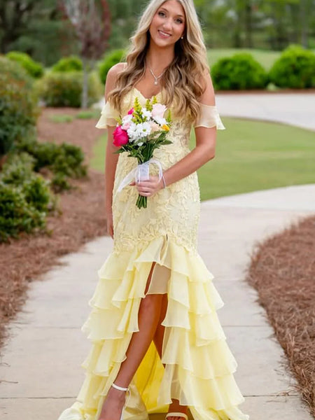 Elegant Off the Shoulder Mermaid Yellow Lace Long Prom Dresses with High Slit, Mermaid Yellow Formal Dresses, Yellow Lace Evening Dresses SP3242