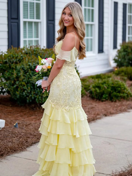Elegant Off the Shoulder Mermaid Yellow Lace Long Prom Dresses with High Slit, Mermaid Yellow Formal Dresses, Yellow Lace Evening Dresses SP3242