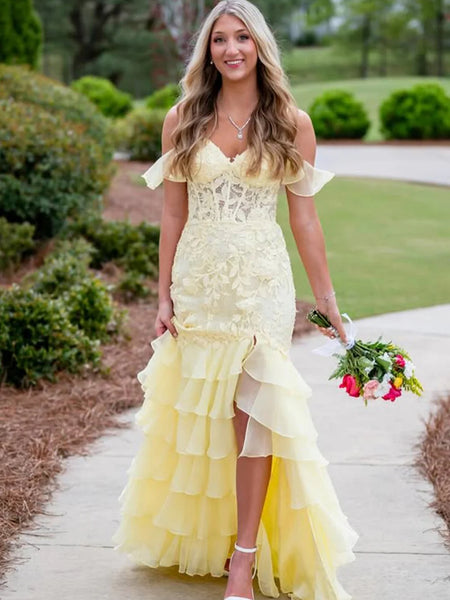 Elegant Off the Shoulder Mermaid Yellow Lace Long Prom Dresses with High Slit, Mermaid Yellow Formal Dresses, Yellow Lace Evening Dresses SP3242