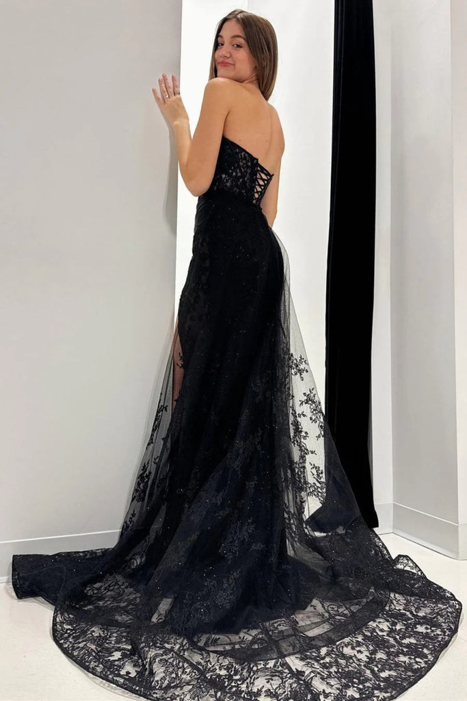 Strapless Sweetheart Neck Mermaid Black Lace Long Prom Dress with Trai –  abcprom