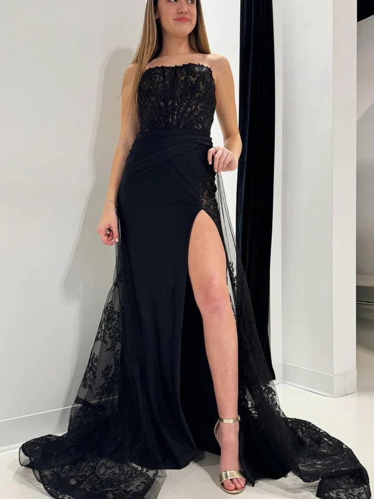 Elegant Strapless Black Lace Long Prom Dresses with Train, Black Lace Formal Dresses, Mermaid Black Evening Dresses SP2829