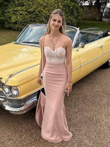 Elegant Sweetheart Neck Mermaid Dusty Pink Long Prom Dresses with Lace Top, Dusty Pink Formal Graduation Evening Dresses SP3309