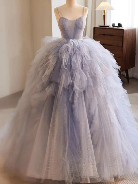 Fluffy High Low Blue Tulle Long Prom Dresses with Train, High Low Formal Evening Dresses, Blue Ball Gown SP2888