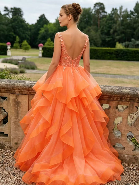 Fluffy Tulle V Neck Orange Lace Long Prom Dresses, Orange Lace Formal Graduation Evening Dresses SP3503