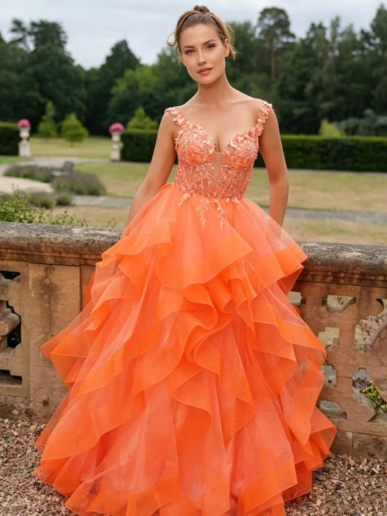 Fluffy Tulle V Neck Orange Lace Long Prom Dresses, Orange Lace Formal Graduation Evening Dresses SP3503