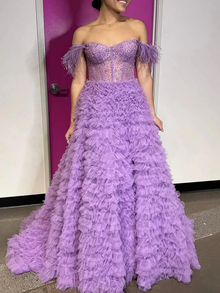 Gorgeous Off Shoulder Beaded Purple Long Prom Dresses, Off the Shoulder Formal Dresses, Purple Evening Dresses SP2798