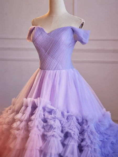 Gorgeous Off the Shoulder Layered Lilac Tulle Long Prom Dresses, Purple Tulle Formal Dresses, Lilac Ball Gown SP2883