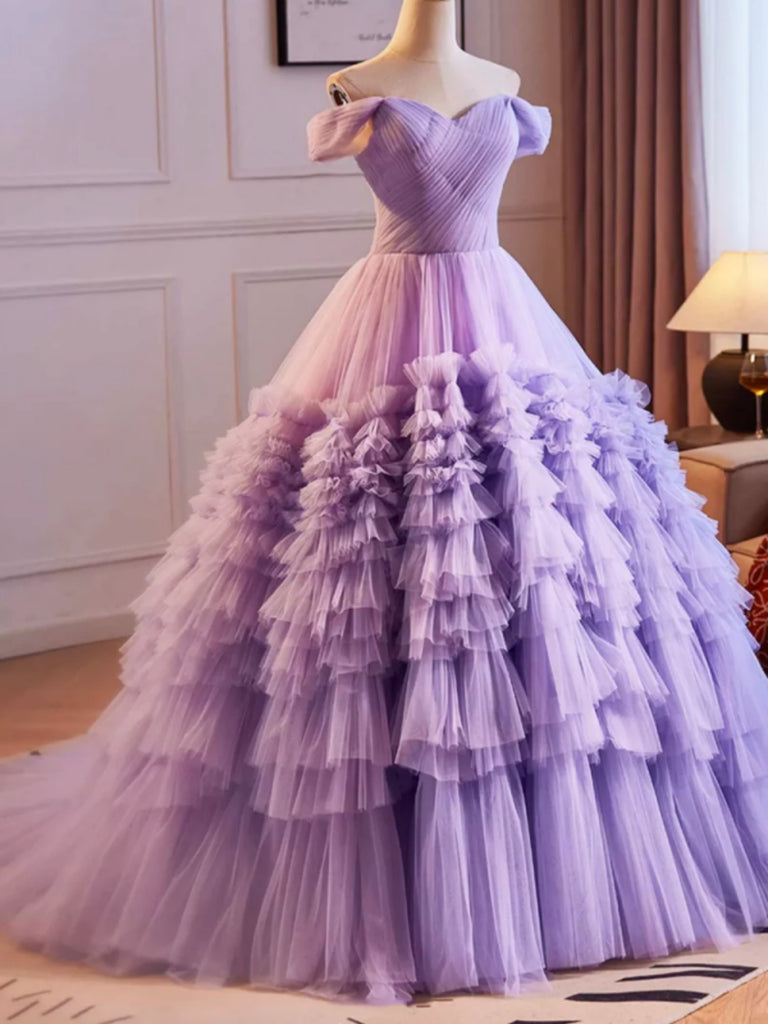 Gorgeous Off the Shoulder Layered Lilac Tulle Long Prom Dresses, Purpl Shiny Party Gorgeous Off the Shoulder Layered Lilac Tulle Long Prom Dresses, Purpl Shiny Party