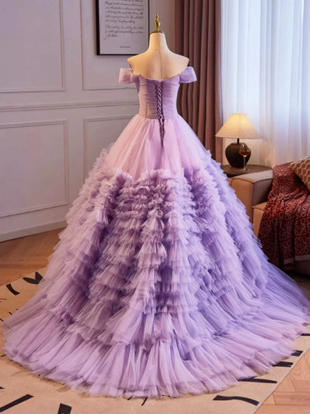 Gorgeous Off the Shoulder Layered Lilac Tulle Long Prom Dresses, Purple Tulle Formal Dresses, Lilac Ball Gown SP2883