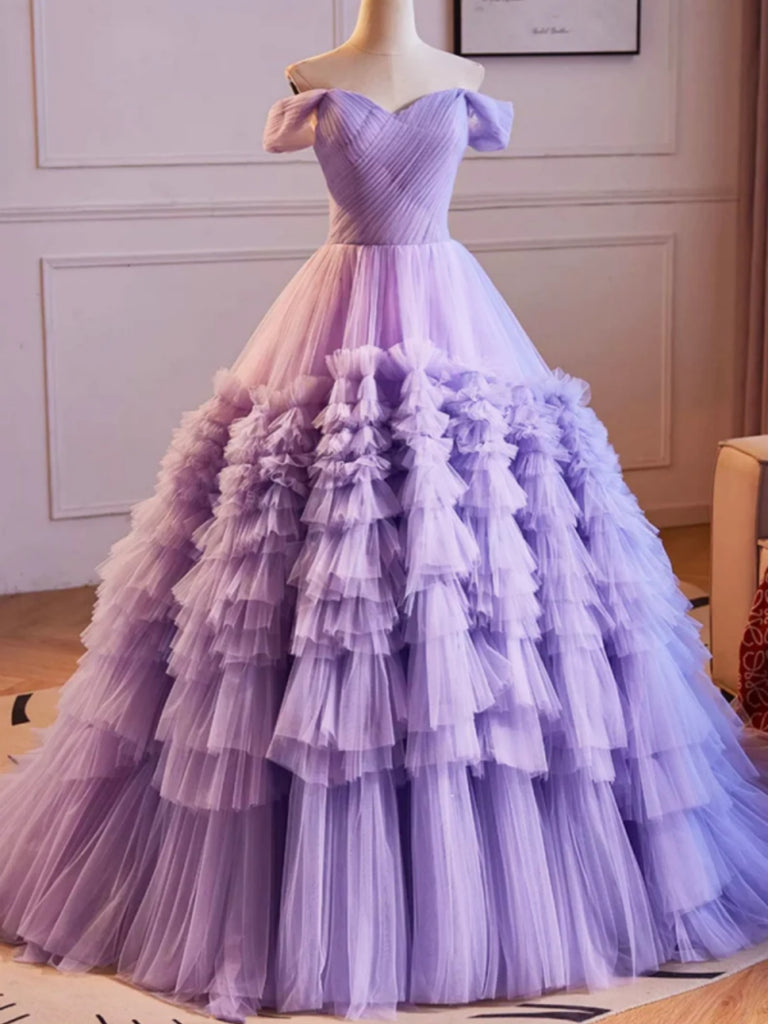 Gorgeous Off the Shoulder Layered Lilac Tulle Long Prom Dresses, Purpl Shiny Party Gorgeous Off the Shoulder Layered Lilac Tulle Long Prom Dresses, Purpl Shiny Party