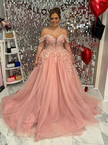 Gorgeous Off the Shoulder Pink Lace Long Prom Dresses, Off Shoulder Pink Formal Dresses, Pink Lace Evening Dresses SP3461