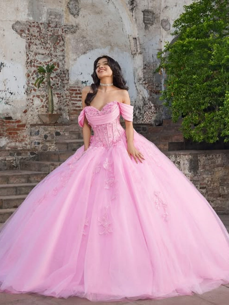 Gorgeous Off the Shoulder Pink Lace Long Prom Dresses, Pink Lace Formal Evening Dresses, Pink Ball Gown SP3358