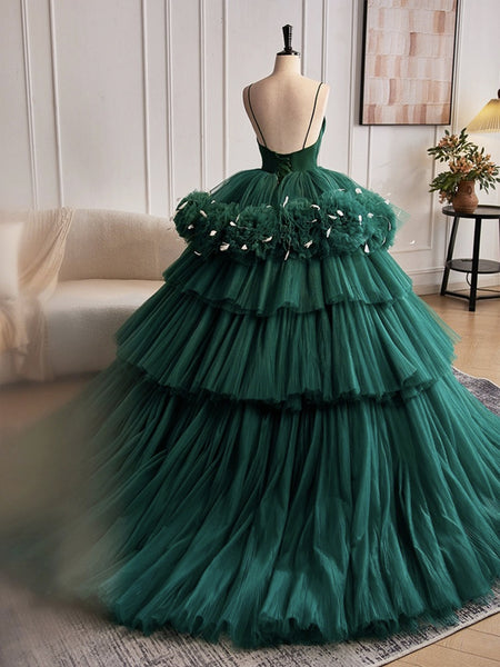 Gorgeous Open Back V Neck Layered Green Tulle Long Prom Dresses, V Neck Green Formal Evening Dresses, Green Ball Gown SP2884