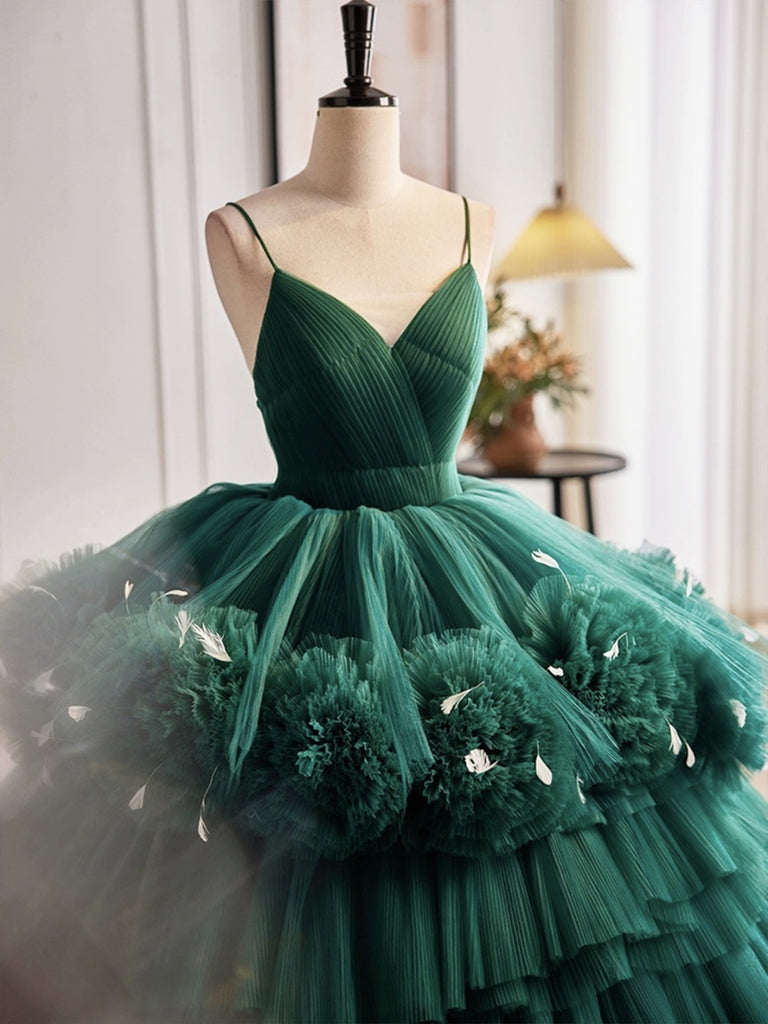 Gorgeous Open Back V Neck Layered Green Tulle Long Prom Dresses, V Nec Shiny Party Gorgeous Open Back V Neck Layered Green Tulle Long Prom Dresses, V Nec Shiny Party