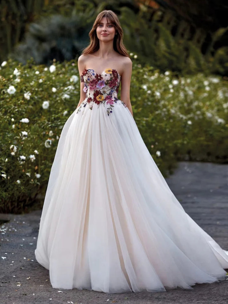 Gorgeous Strapless Floral Light Champagne Long Prom Dresses, Light Cha Shiny Party Gorgeous Strapless Floral Light Champagne Long Prom Dresses, Light Cha Shiny Party