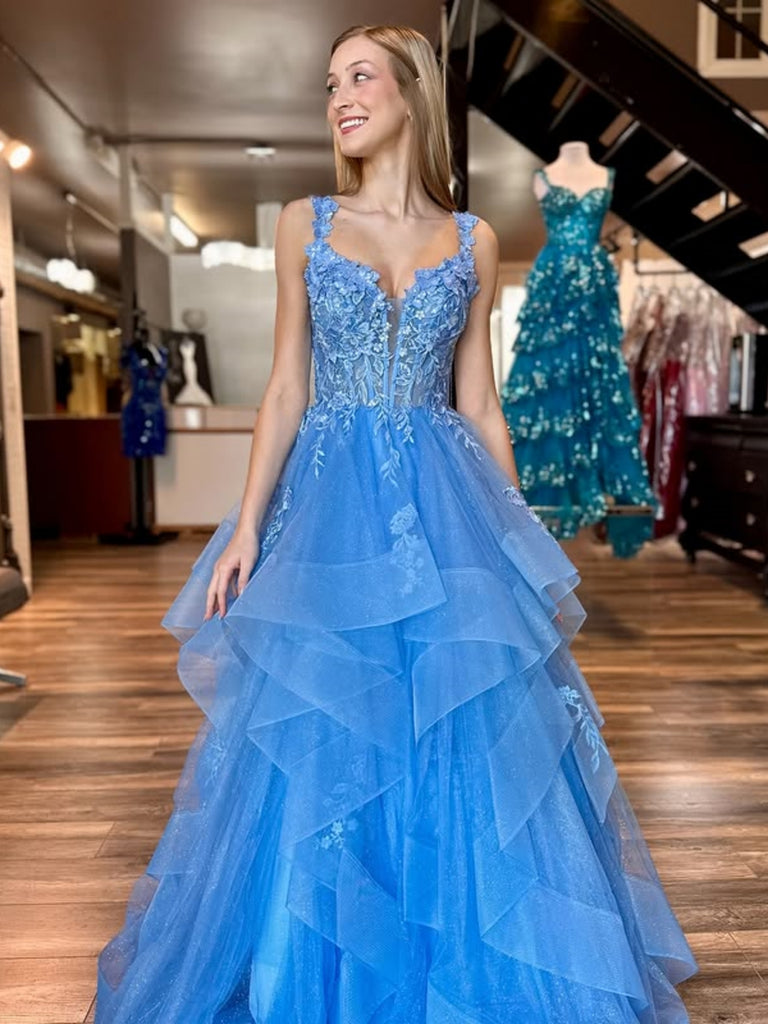 Gorgeous V Neck Fluffy Blue Lace Long Prom Dresses, Blue Lace Formal D Shiny Party Gorgeous V Neck Fluffy Blue Lace Long Prom Dresses, Blue Lace Formal D Shiny Party