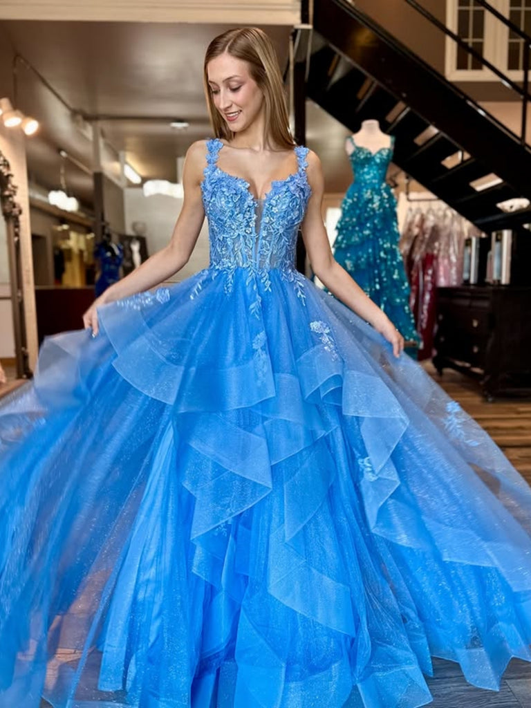 Gorgeous V Neck Fluffy Blue Lace Long Prom Dresses, Blue Lace Formal Dresses, Blue Tulle Evening Dresses Gorgeous V Neck Fluffy Blue Lace Long Prom Dresses, Blue Lace Formal Dresses, Blue Tulle Evening Dresses