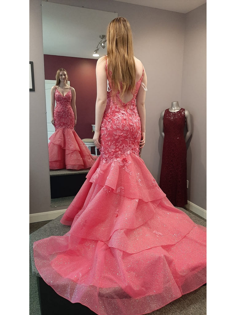 Gorgeous V Neck Open Back Mermaid Hot Pink Lace Long Prom Dresses, Hot Pink Lace Formal Evening Dresses, Hot Pink Ball Gown SP3009