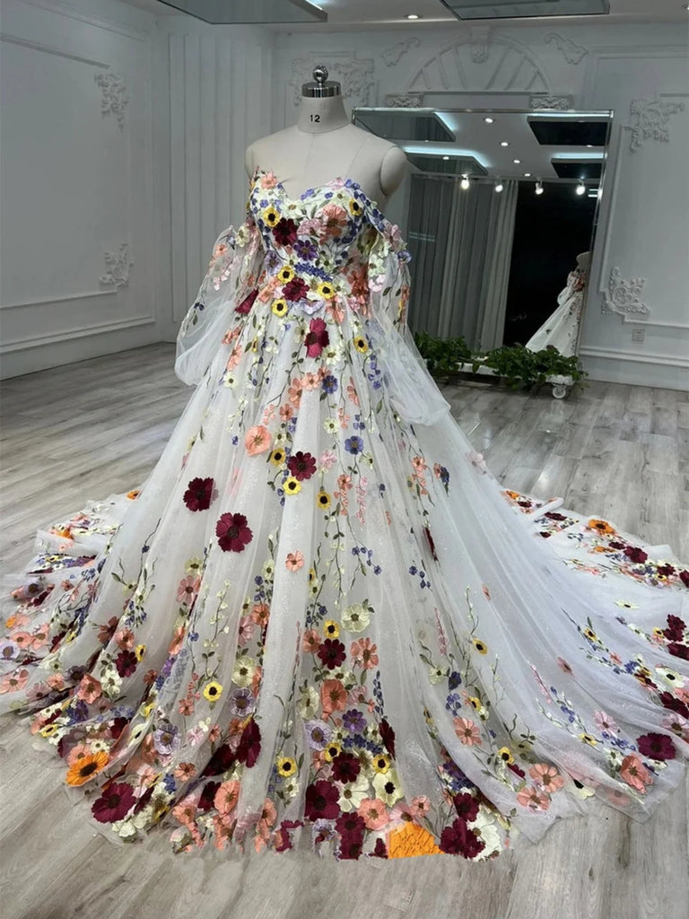 Gorgeous White Long Prom Dresses with Lace Appliques, White 3D Floral Formal Evening Dresses with Train SP2930 Gorgeous White Long Prom Dresses with Lace Appliques, White 3D Floral Formal Evening Dresses with Train SP2930