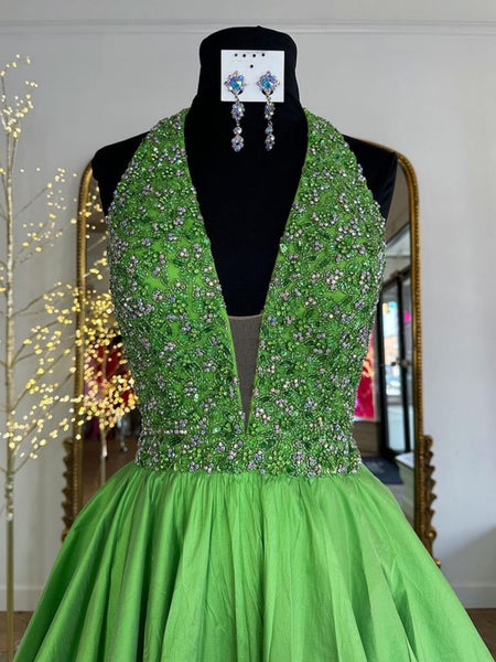 Halter V Neck Backless Beaded Green Long Prom Dresses, Long Green Formal Graduation Evening Dresses with Sequins SP3013