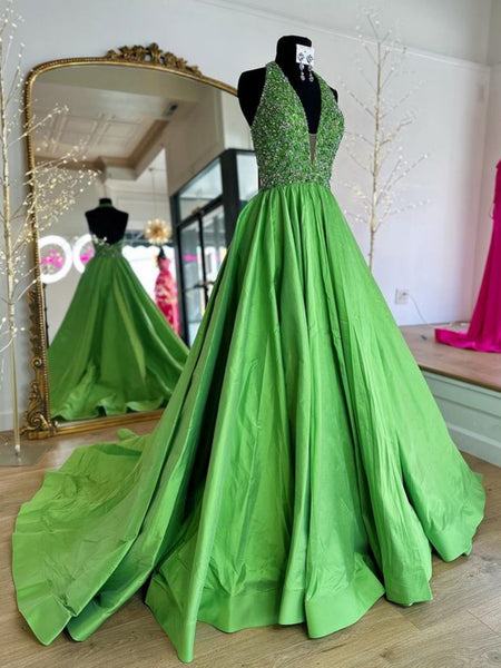 Halter V Neck Backless Beaded Green Long Prom Dresses, Long Green Formal Graduation Evening Dresses with Sequins SP3013