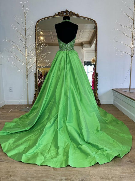 Halter V Neck Backless Beaded Green Long Prom Dresses, Long Green Formal Graduation Evening Dresses with Sequins SP3013