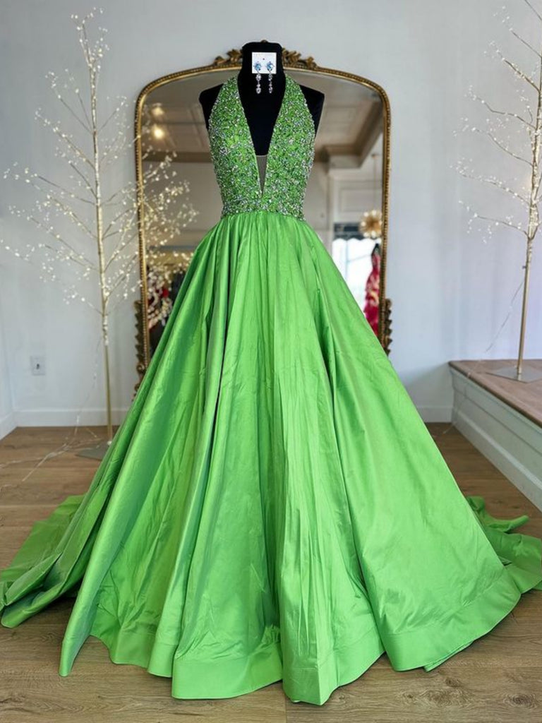 Halter V Neck Backless Beaded Green Long Prom Dresses, Long Green Formal Graduation Evening Dresses with Sequins SP3013 Halter V Neck Backless Beaded Green Long Prom Dresses, Long Green Formal Graduation Evening Dresses with Sequins SP3013