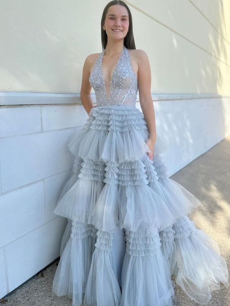 Halter V Neck Open Back Layered Gray Lace Long Prom Dresses, Gray Lace Shiny Party Halter V Neck Open Back Layered Gray Lace Long Prom Dresses, Gray Lace Shiny Party