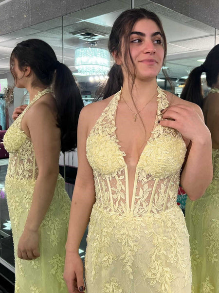 Halter V Neck Open Back Mermaid Yellow Lace Long Prom Dresses with High Slit, Mermaid Yellow Formal Dresses, Yellow Lace Evening Dresses SP2852