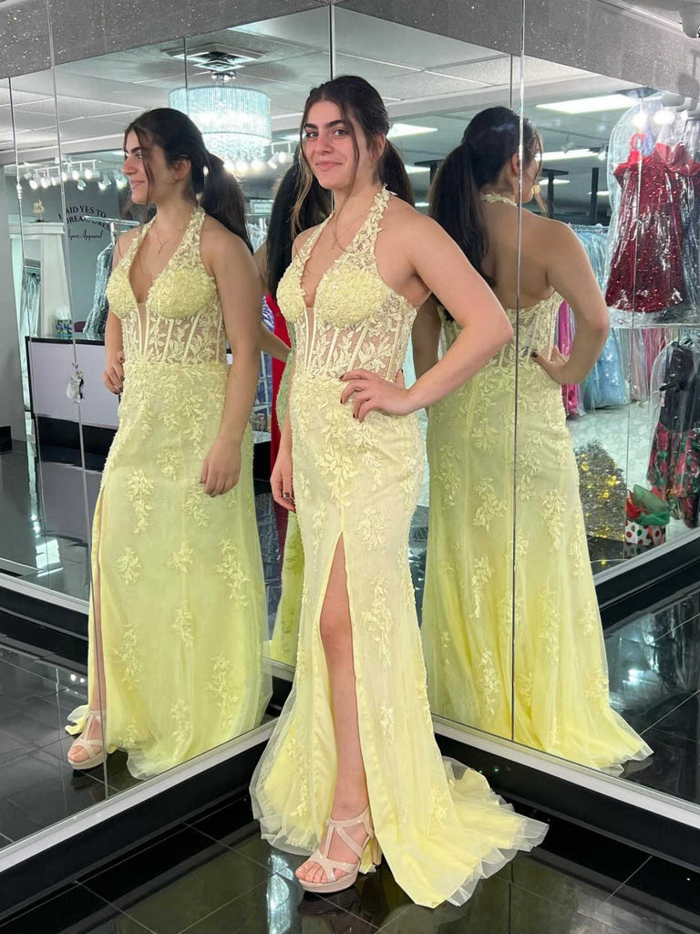 Halter V Neck Open Back Mermaid Yellow Lace Long Prom Dresses with High Slit, Mermaid Yellow Formal Dresses, Yellow Lace Evening Dresses SP2852