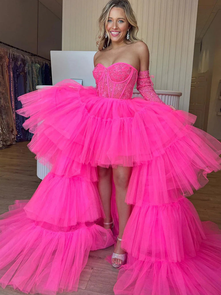 High Low Long Sleeves Strapless Hot Pink Lace Long Prom Dresses, High Shiny Party High Low Long Sleeves Strapless Hot Pink Lace Long Prom Dresses, High Shiny Party
