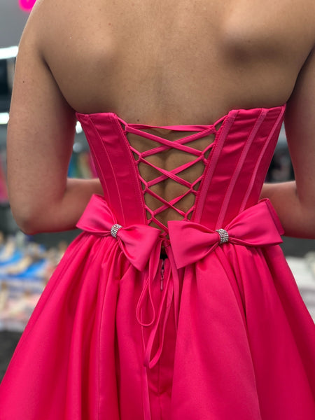High Low Strapless Hot Pink Satin Long Prom Dresses, High Low Hot Pink Formal Dresses, Hot Pink Satin Evening Dresses SP3427