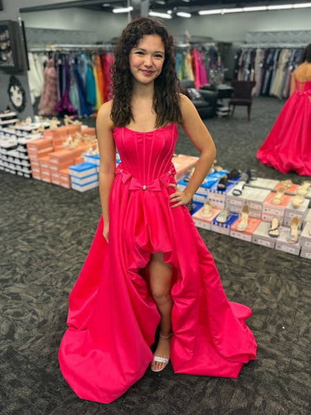High Low Strapless Hot Pink Satin Long Prom Dresses, High Low Hot Pink Formal Dresses, Hot Pink Satin Evening Dresses SP3427