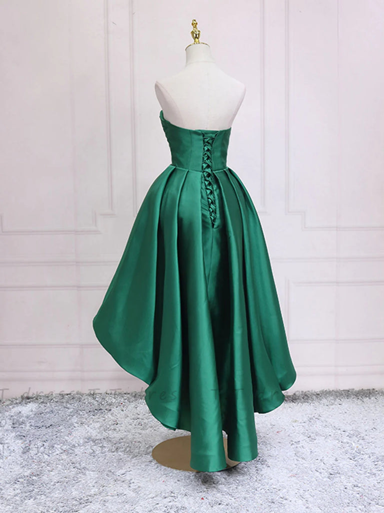 High Low Sweetheart Neck Green Satin Prom Dresses, Strapless Green Hom Shiny Party High Low Sweetheart Neck Green Satin Prom Dresses, Strapless Green Hom Shiny Party