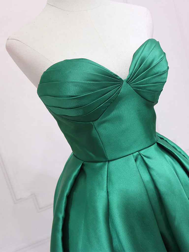 High Low Sweetheart Neck Green Satin Prom Dresses, Strapless Green Hom Shiny Party High Low Sweetheart Neck Green Satin Prom Dresses, Strapless Green Hom Shiny Party