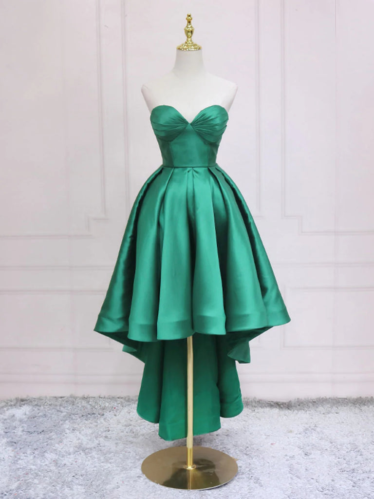 High Low Sweetheart Neck Green Satin Prom Dresses, Strapless Green Homecoming Dresses, Short Green Formal Graduation Evening Dresses SP2718