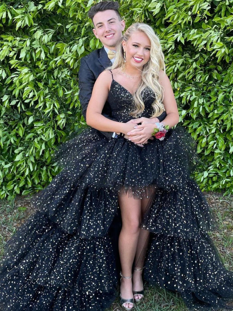 blue dress for baby girl High Low V Neck Layered Black Tulle Long Prom Dresses, High Low Black Formal Dresses, Black Evening Dresses SP2956 blue dress for baby girl High Low V Neck Layered Black Tulle Long Prom Dresses, High Low Black Formal Dresses, Black Evening Dresses SP2956