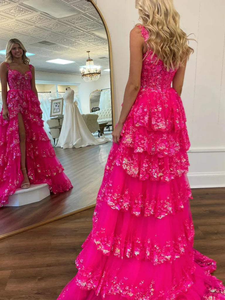 Hot Pink Lace Floral Long Prom Dresses with High Split, Layered Hot Pi