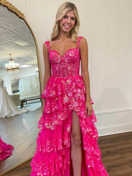 Hot Pink Lace Floral Long Prom Dresses with High Split, Layered Hot Pink Lace Formal Graduation Evening Dresses SP2868