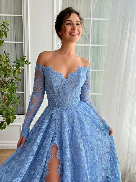 Long Sleeves Light Blue Lace Long Prom Dresses with High Slit, Long Sleeves Blue Formal Dresses, Blue Lace Evening Dresses SP3120