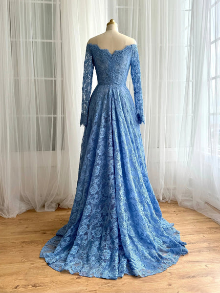 Long Sleeves Light Blue Lace Long Prom Dresses with High Slit, Long Sleeves Blue Formal Dresses, Blue Lace Evening Dresses SP3120