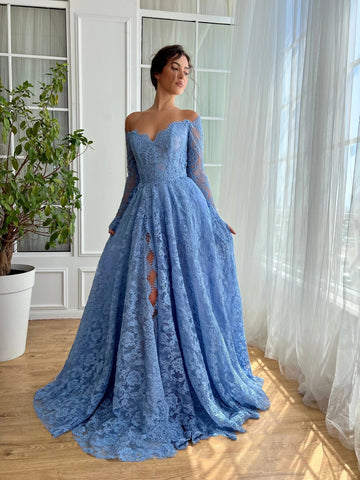 Long Sleeves Light Blue Lace Long Prom Dresses with High Slit, Long Sleeves Blue Formal Dresses, Blue Lace Evening Dresses SP3120