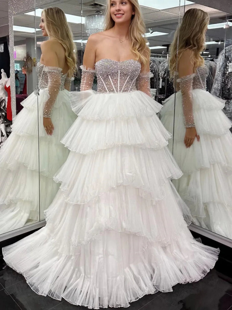 Long Sleeves Sweetheart Neck Beaded White Long Prom Dresses, Layered W Shiny Party Long Sleeves Sweetheart Neck Beaded White Long Prom Dresses, Layered W Shiny Party
