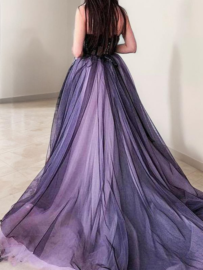 purple black lace prom dress black and purple long dress Lilac Black Tulle A-line Sweetheart Prom Dresses With Lace Appliques,