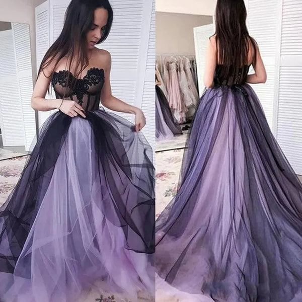 Lovely Strapless Black and Purple Tulle Lace Long Prom Dresses, Black and Purple Tulle Formal Graduation Evening Dresses SP2905