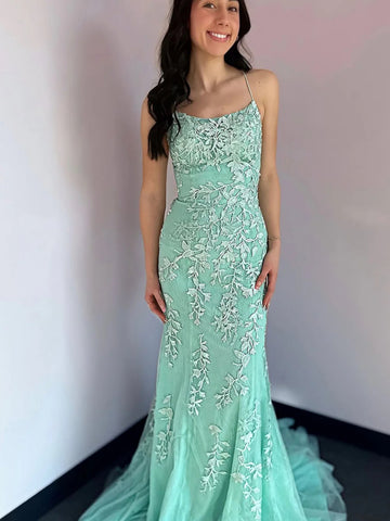 Mermaid Backless Mint Green Lace Long Prom Dresses, Mint Green Lace Formal Graduation Evening Dresses SP3270