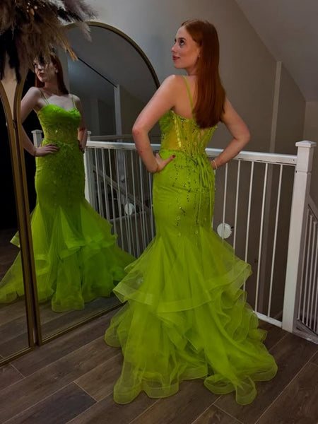 Mermaid Beaded Mint Green Long Prom Dresses, Mermaid Mint Green Formal Dresses, Green Evening Dresses SP3374