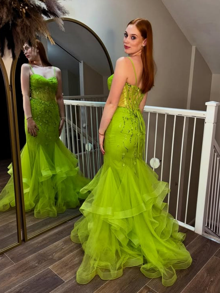 Mermaid Beaded Mint Green Long Prom Dresses, Mermaid Mint Green Formal Dresses, Green Evening Dresses SP3374